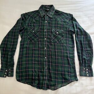 Green plaid western pearl snap shirt men’s small